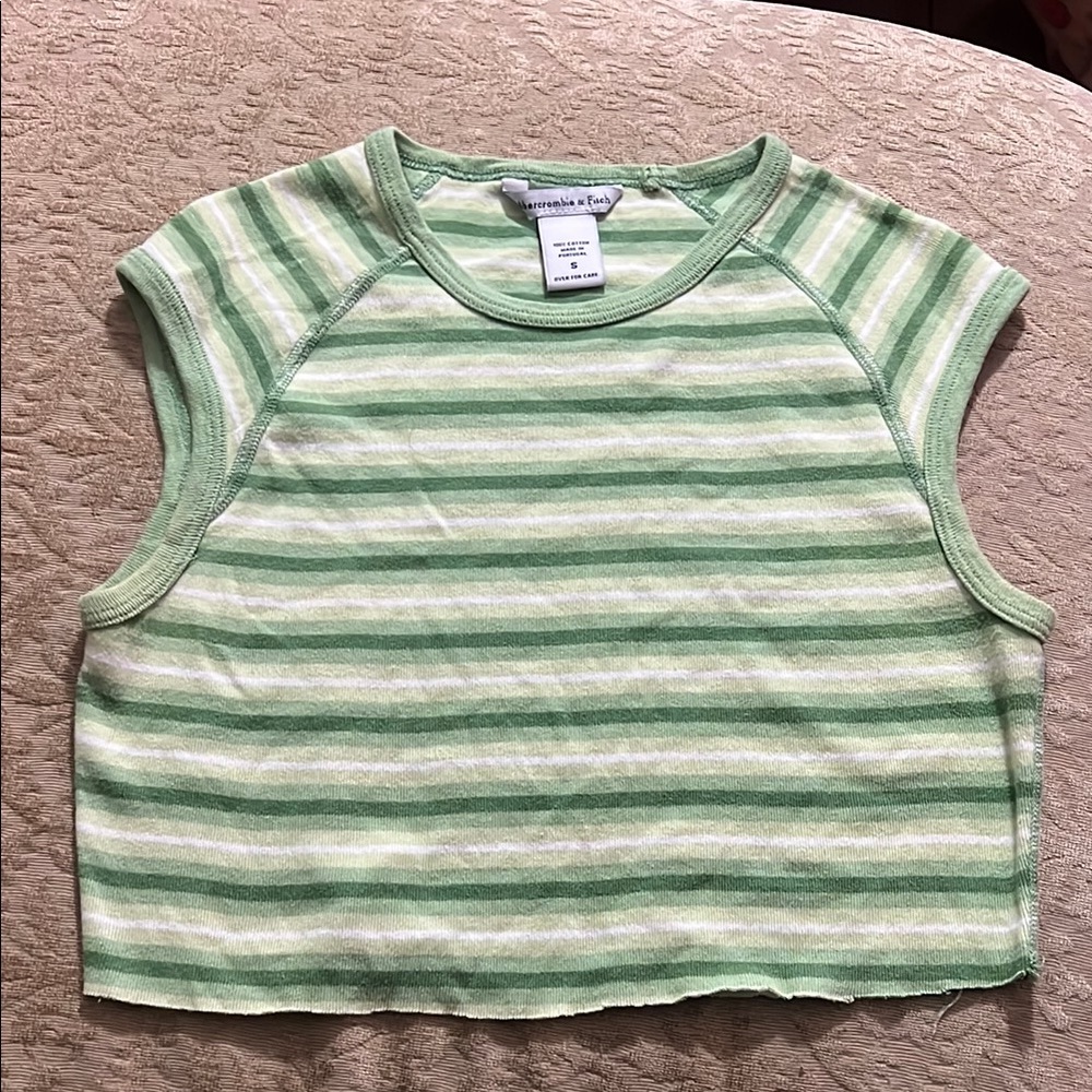Abercrombie & Fitch Green and White Striped Crop Top